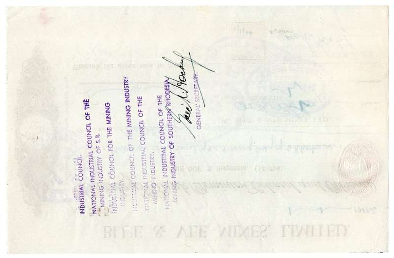 1942 Southern Rhodesia, Barclays Bank - Blue & Vee Mines, Limited Cheque issued for 4 Shillings , st