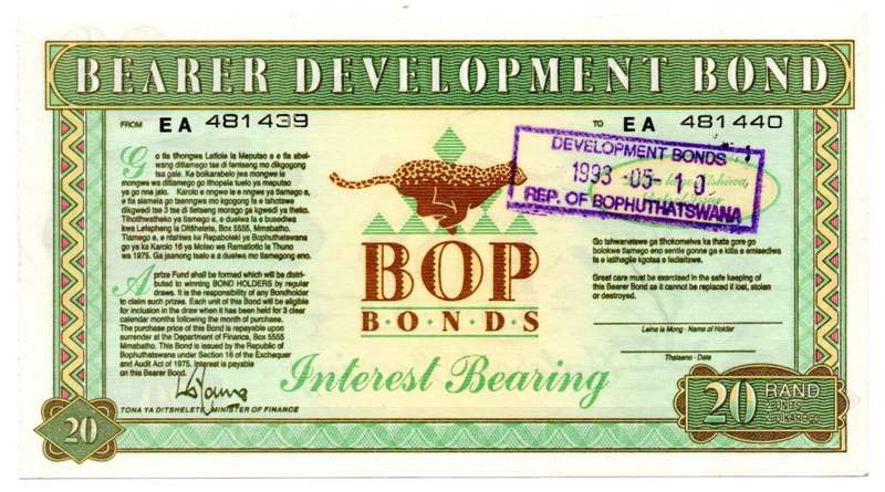 1993 Bophuthatswana Development Bearer R20 Bond Note