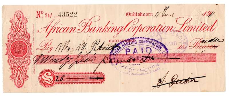 1911 African Banking Corporation Limited Cheque Oudtshoorn, 25 Pounds