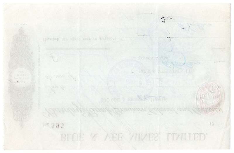 1942 Southern Rhodesia, Barclays Bank - Blue & Vee Mines, Limited Cheque issued for £8 and 4 Shillin