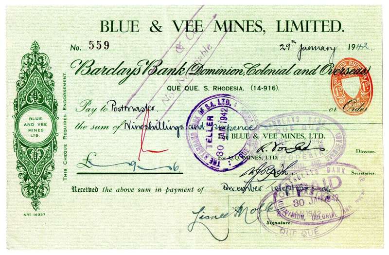 1942 Southern Rhodesia, Barclays Bank - Blue & Vee Mines, Limited Cheque issued for 9 Shillings & 6