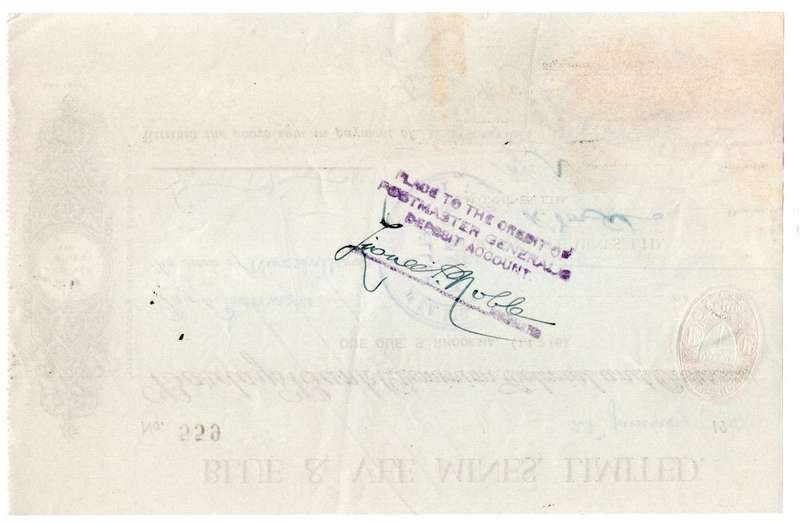 1942 Southern Rhodesia, Barclays Bank - Blue & Vee Mines, Limited Cheque issued for 9 Shillings & 6