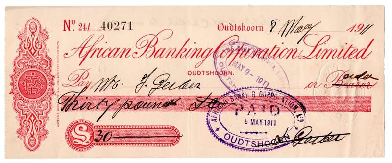 1911 African Banking Corporation Limited Cheque Oudtshoorn, 30 Pounds