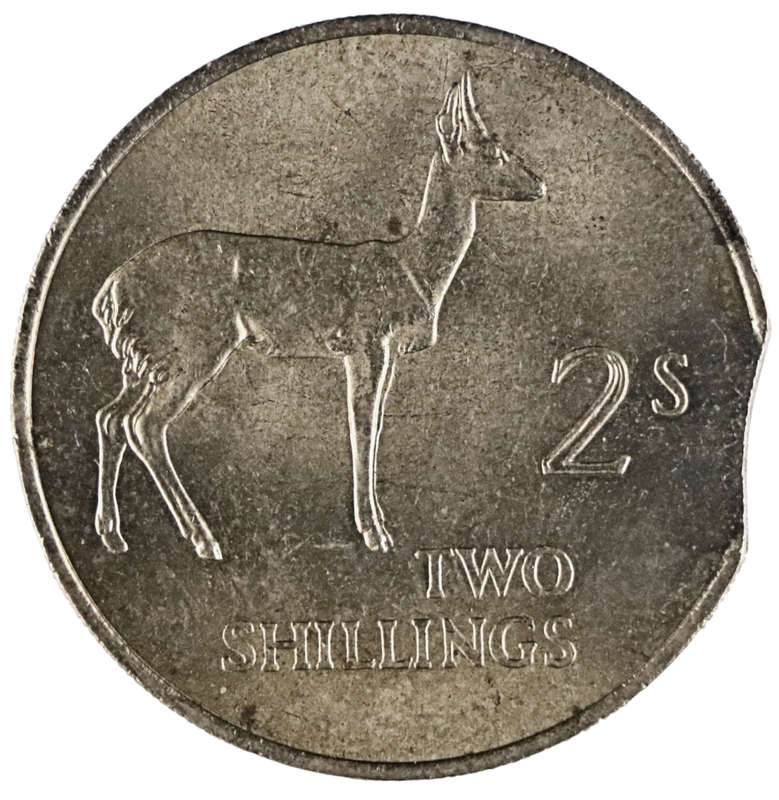 Error 1964 Zambia 2 Shillings clipped planchet