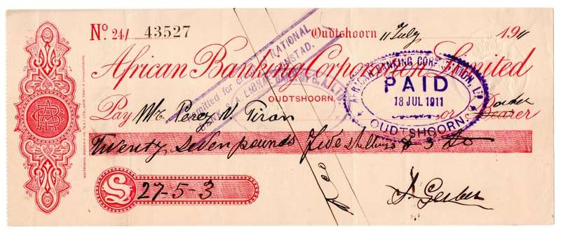 1911 African Banking Corporation Limited Cheque Oudtshoorn, 27 Pounds 5 Shillings 3 Pence