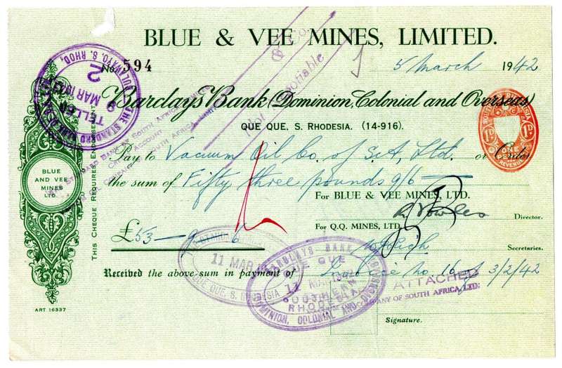 1942 Southern Rhodesia, Barclays Bank - Blue & Vee Mines, Limited Cheque issued for £53, 9 Shillings