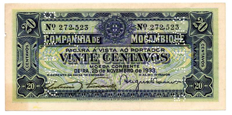 1933 Mozambique Colony of the Portuguese Empire 20 Centavos Pick#R29, perforated with the word `PAGO