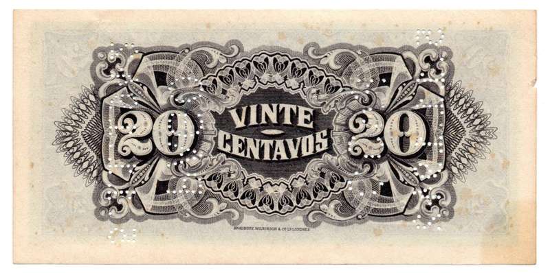 1933 Mozambique Colony of the Portuguese Empire 20 Centavos Pick#R29, perforated with the word `PAGO