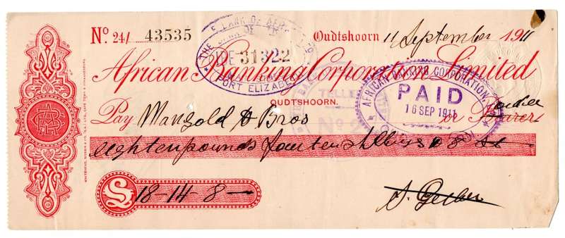 1911 African Banking Corporation Limited Cheque Oudtshoorn, 18 Pounds 14 Shillings 8 Pence