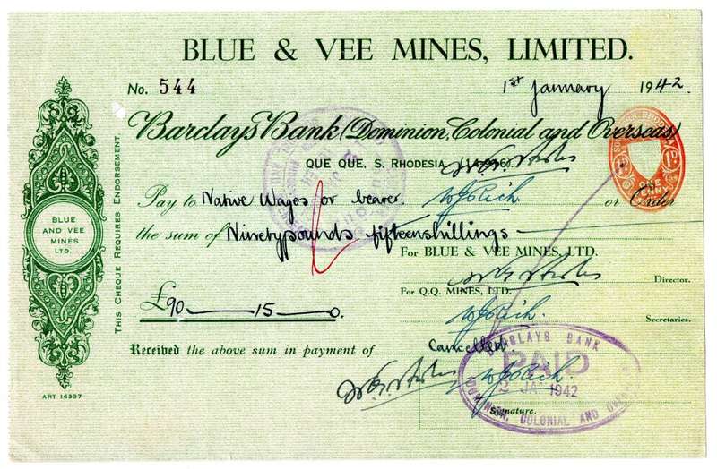 1942 Southern Rhodesia, Barclays Bank - Blue & Vee Mines, Limited Cheque issued for £90, 15 Shilling