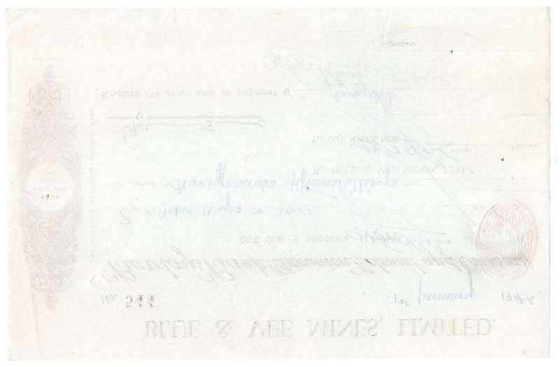 1942 Southern Rhodesia, Barclays Bank - Blue & Vee Mines, Limited Cheque issued for £90, 15 Shilling