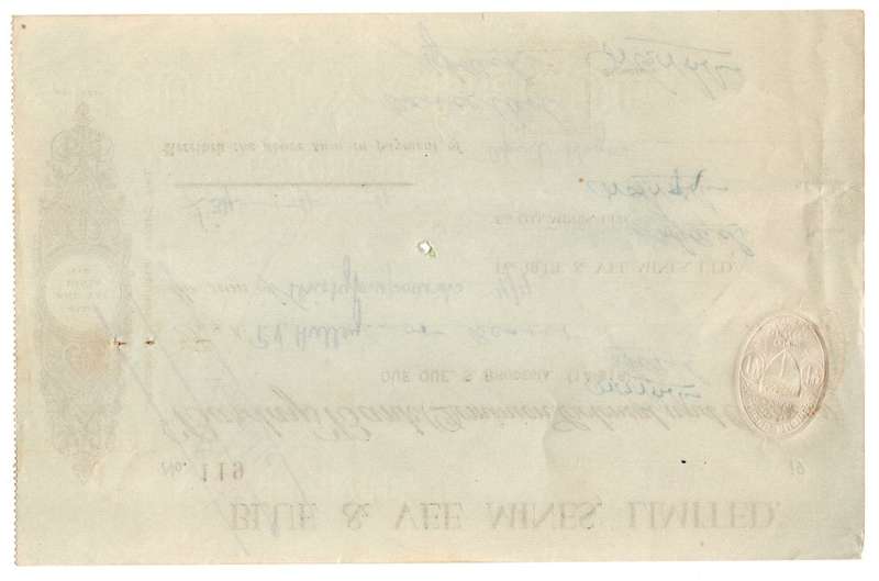 1940 Southern Rhodesia, Barclays Bank - Blue & Vee Mines, Limited Cheque issued for £34 and 4 Shilli