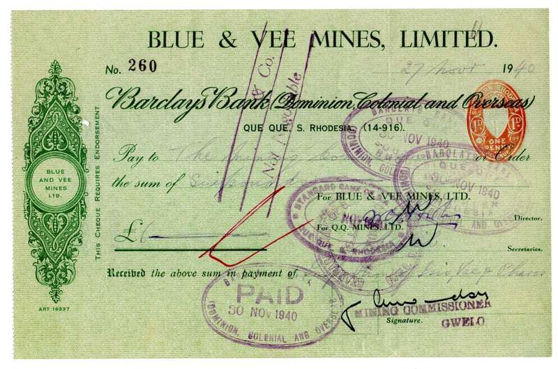 1940 Southern Rhodesia, Barclays Bank - Blue & Vee Mines, Limited Cheque issued for £6, struck with
