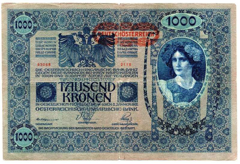 1902 Austria 1000 Kronen Pick#8, centre hole and folds