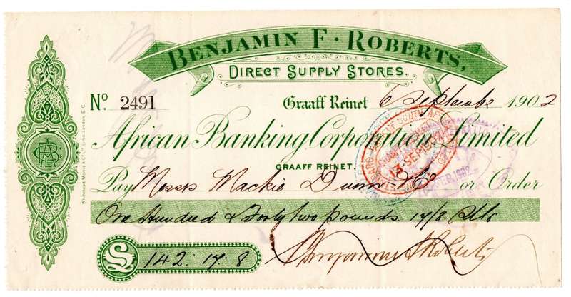 1902 African Banking Corporation Limited Graaff Reinet, Benjamin F. Roberts Direct Supply Store Cheq