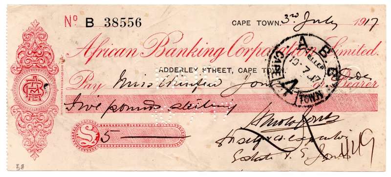 1917 African Banking Corporation Limited Adderley St Cape Town, Cheque issued for £5, stamped with C