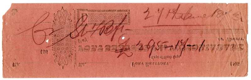 1860`s Fort Beaufort and Victoria Bank Cape of Good Hope, Cheque Un-issued, Anootations on reverse,