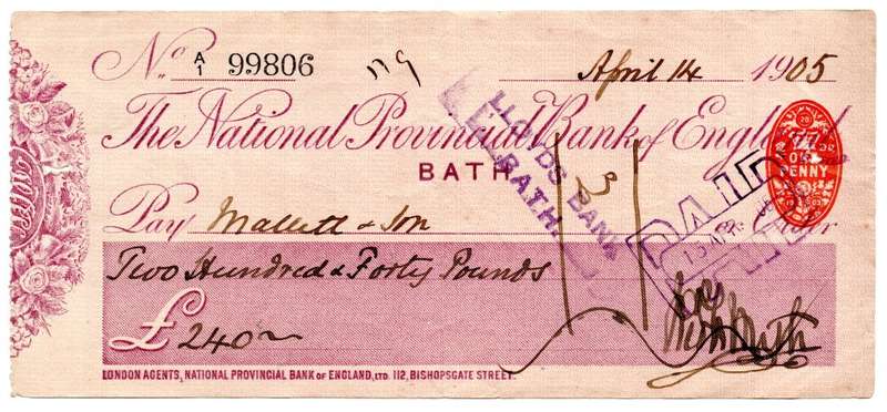 1905 The National Provincial Bank of England - Lloyds Bank Bath, Cheque issued for £240, struck with