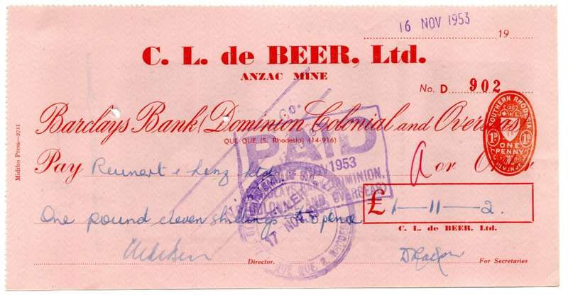 1953 Southern Rhodesia, Barclays Bank - C. L. de Beer. Ltd Anzac Mine, Cheque issued for £1 and 11 S