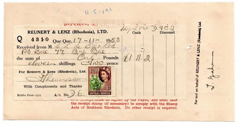 1953 Southern Rhodesia, Barclays Bank - C. L. de Beer. Ltd Anzac Mine, Cheque issued for £1 and 11 S