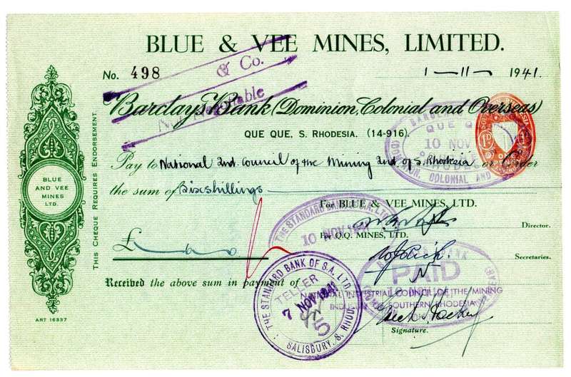 1941 Southern Rhodesia, Barclays Bank - Blue & Vee Mines, Limited Cheque issued for 6 Shillings, str