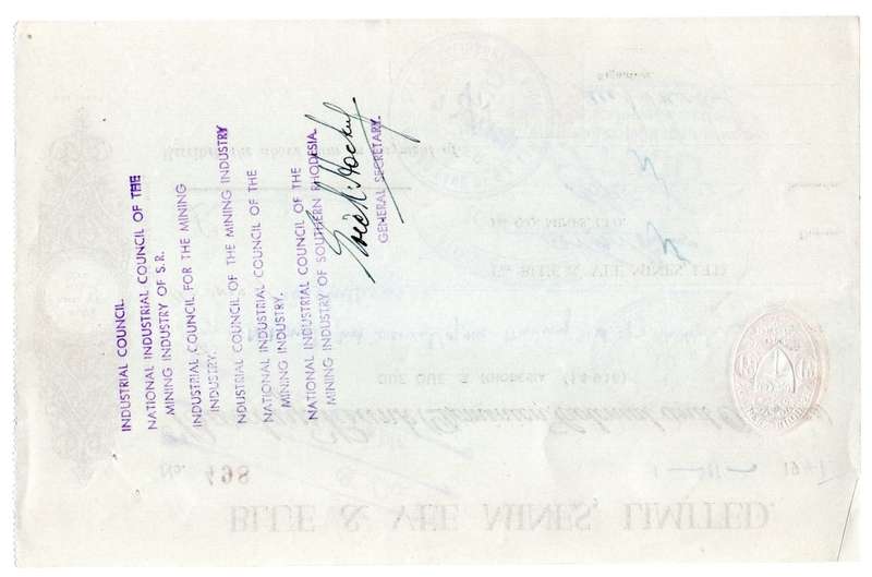 1941 Southern Rhodesia, Barclays Bank - Blue & Vee Mines, Limited Cheque issued for 6 Shillings, str