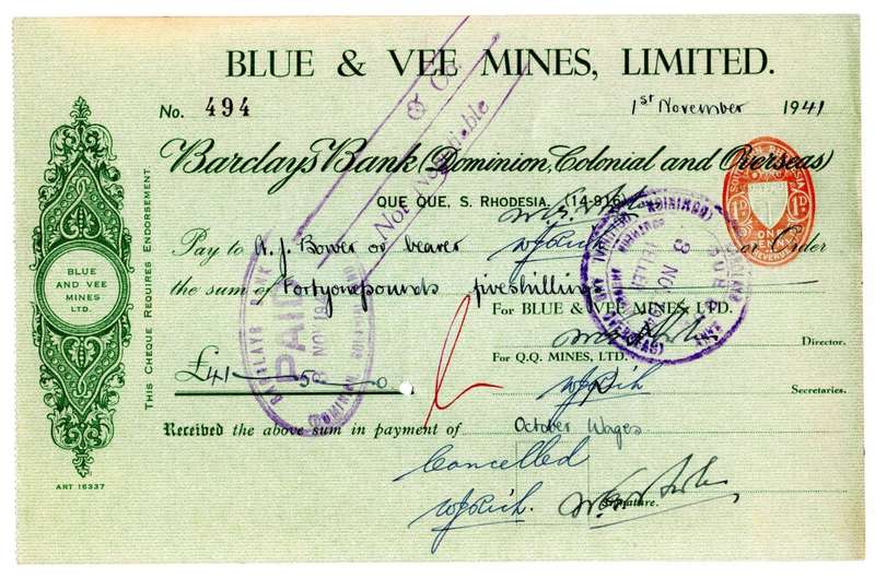1941 Southern Rhodesia, Barclays Bank - Blue & Vee Mines, Limited Cheque issued for £41 and 5 Shilli