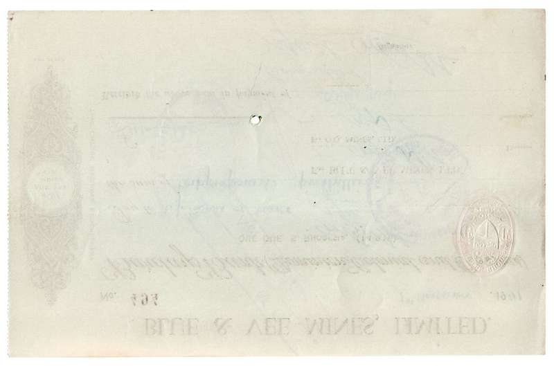 1941 Southern Rhodesia, Barclays Bank - Blue & Vee Mines, Limited Cheque issued for £41 and 5 Shilli