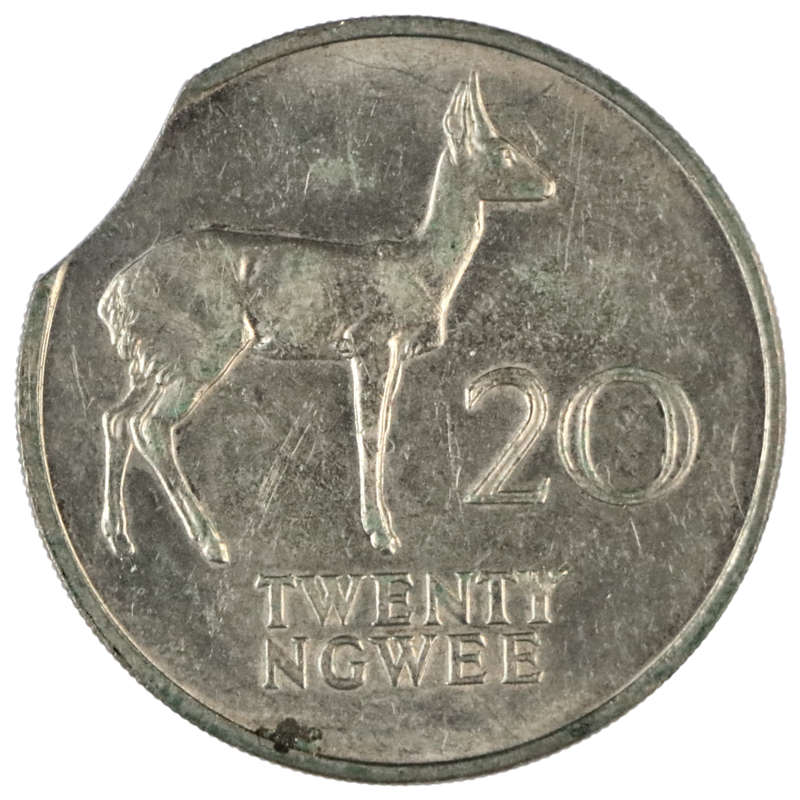 Error 1972 Zambia 20 Ngwee Clipped planchet