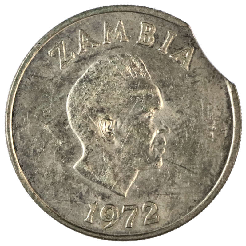 Error 1972 Zambia 20 Ngwee Clipped planchet