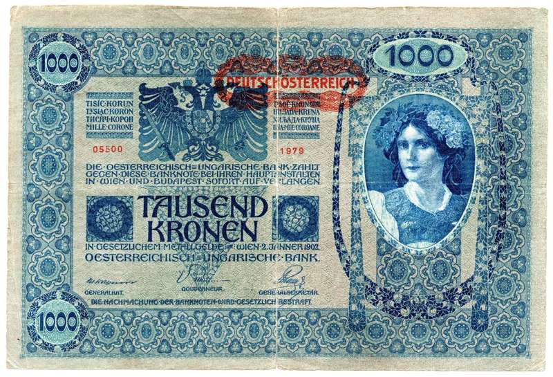 1902 Austria 1000 Kronen Pick#8, centre hole and folds