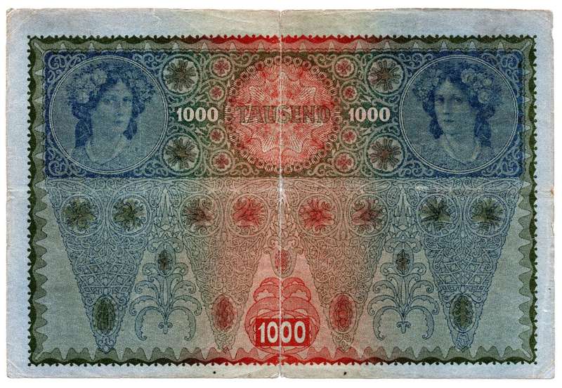 1902 Austria 1000 Kronen Pick#8, centre hole and folds