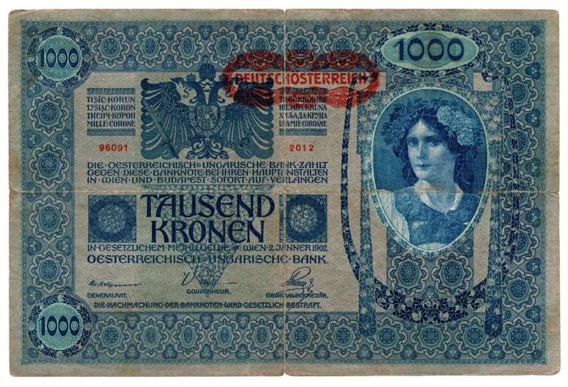 1902 Austria 1000 Kronen Pick#8, centre hole and folds