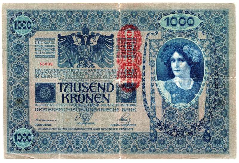 1902 Austria 1000 Kronen Pick#8, centre hole and folds