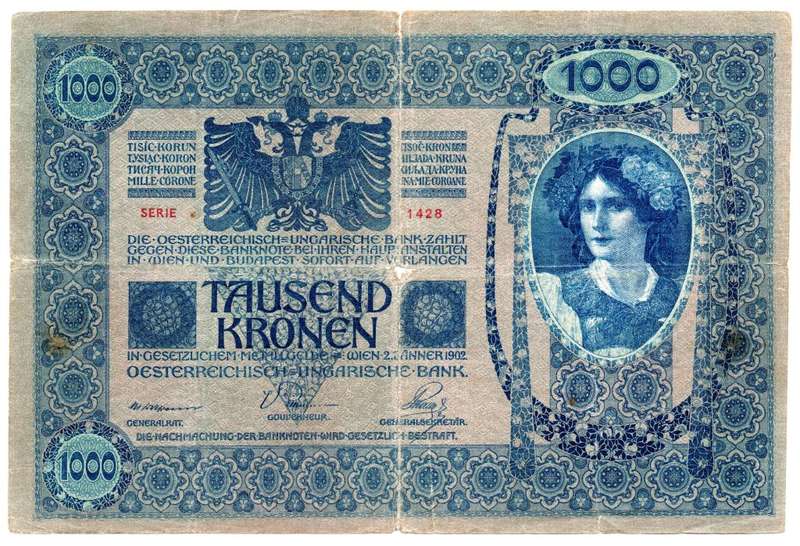 1902 Austria 1000 Kronen Pick#8, centre hole and folds