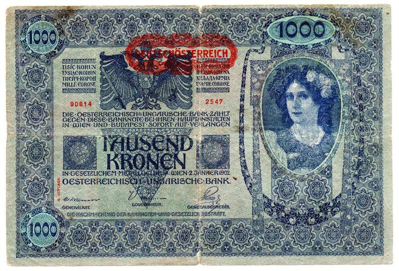 1902 Austria 1000 Kronen Pick#8, centre hole and folds
