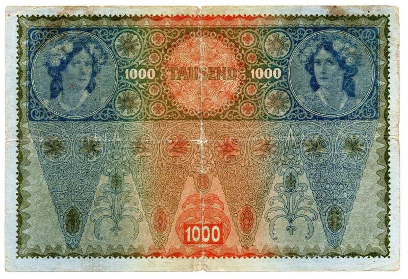 1902 Austria 1000 Kronen Pick#8, centre hole and folds