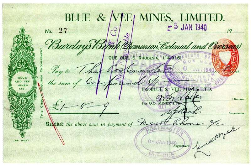 1940 Southern Rhodesia, Barclays Bank - Blue & Vee Mines, Limited Cheque issued for £1 and 5 Shillin