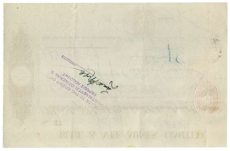 1940 Southern Rhodesia, Barclays Bank - Blue & Vee Mines, Limited Cheque issued for £1 and 5 Shillin