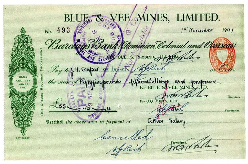 1941 Southern Rhodesia, Barclays Bank - Blue & Vee Mines, Limited Cheque issued for £55 and 15 Shill