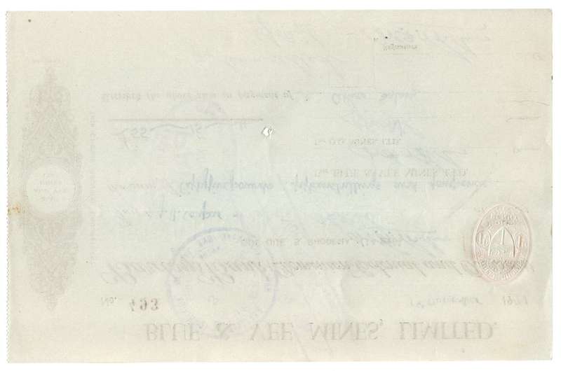 1941 Southern Rhodesia, Barclays Bank - Blue & Vee Mines, Limited Cheque issued for £55 and 15 Shill