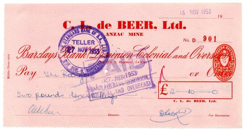 1953 Southern Rhodesia, Barclays Bank - C. L. de Beer. Ltd Anzac Mine, Cheque issued for £2 and 10 S