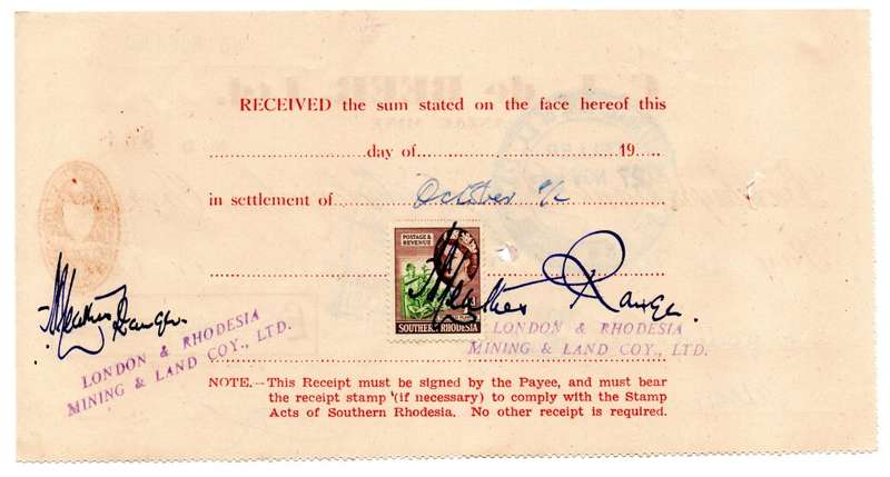 1953 Southern Rhodesia, Barclays Bank - C. L. de Beer. Ltd Anzac Mine, Cheque issued for £2 and 10 S