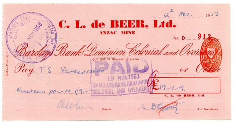 1953 Southern Rhodesia, Barclays Bank - C. L. de Beer. Ltd Anzac Mine, Cheque issued for £19 and 1 S