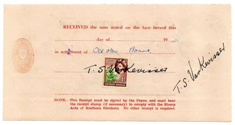 1953 Southern Rhodesia, Barclays Bank - C. L. de Beer. Ltd Anzac Mine, Cheque issued for £19 and 1 S