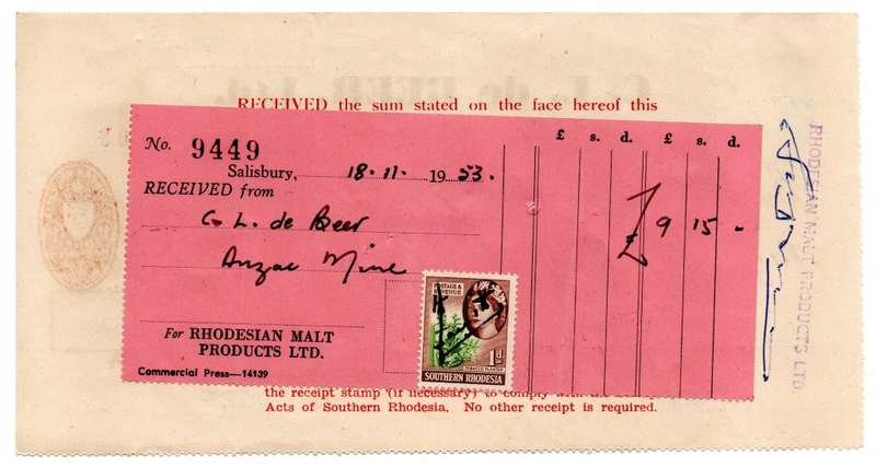 1953 Southern Rhodesia, Barclays Bank - C. L. de Beer. Ltd Anzac Mine, Cheque issued for £9 and 15 S