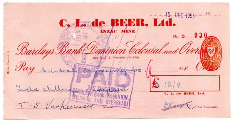 1953 Southern Rhodesia, Barclays Bank - C. L. de Beer. Ltd Anzac Mine, Cheque issued for £12 and 9 S
