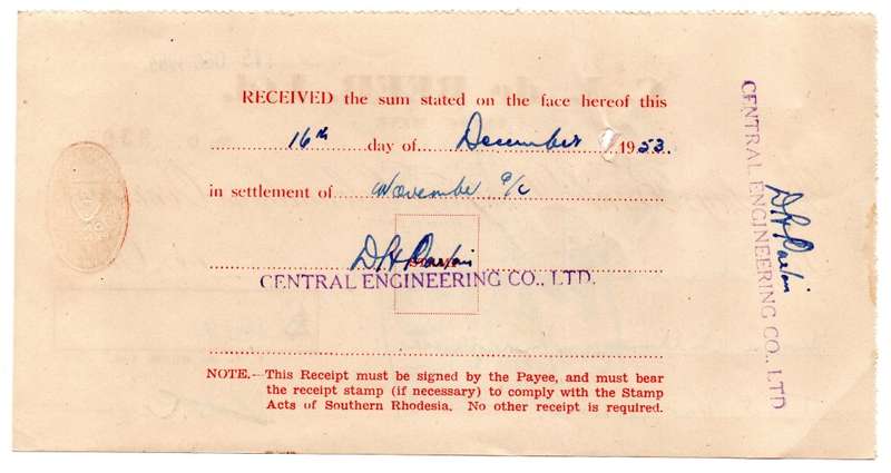 1953 Southern Rhodesia, Barclays Bank - C. L. de Beer. Ltd Anzac Mine, Cheque issued for £12 and 9 S