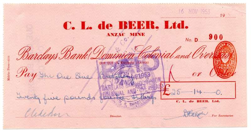 1953 Southern Rhodesia, Barclays Bank - C. L. de Beer. Ltd Anzac Mine, Cheque issued for £25 and 14