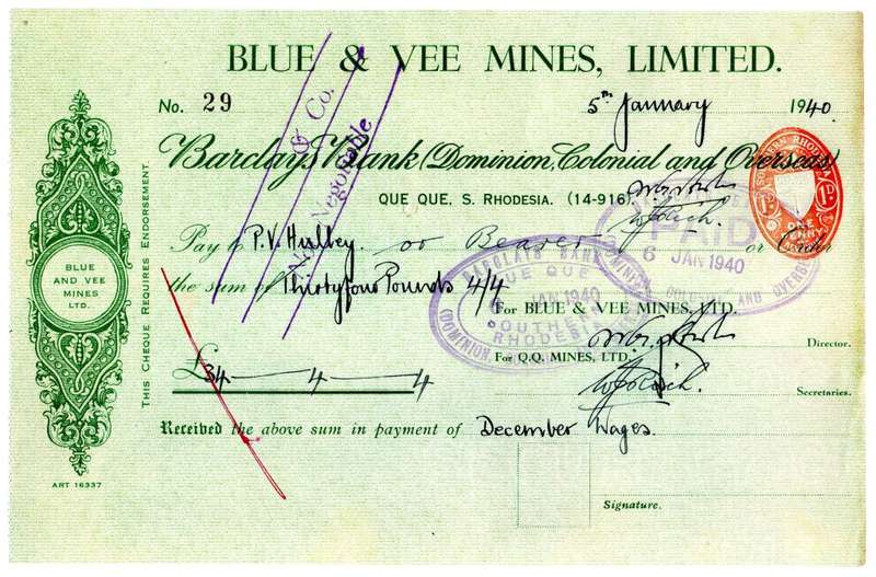 1940 Southern Rhodesia, Barclays Bank - Blue & Vee Mines, Limited Cheque issued for £34 and 4 Shilli